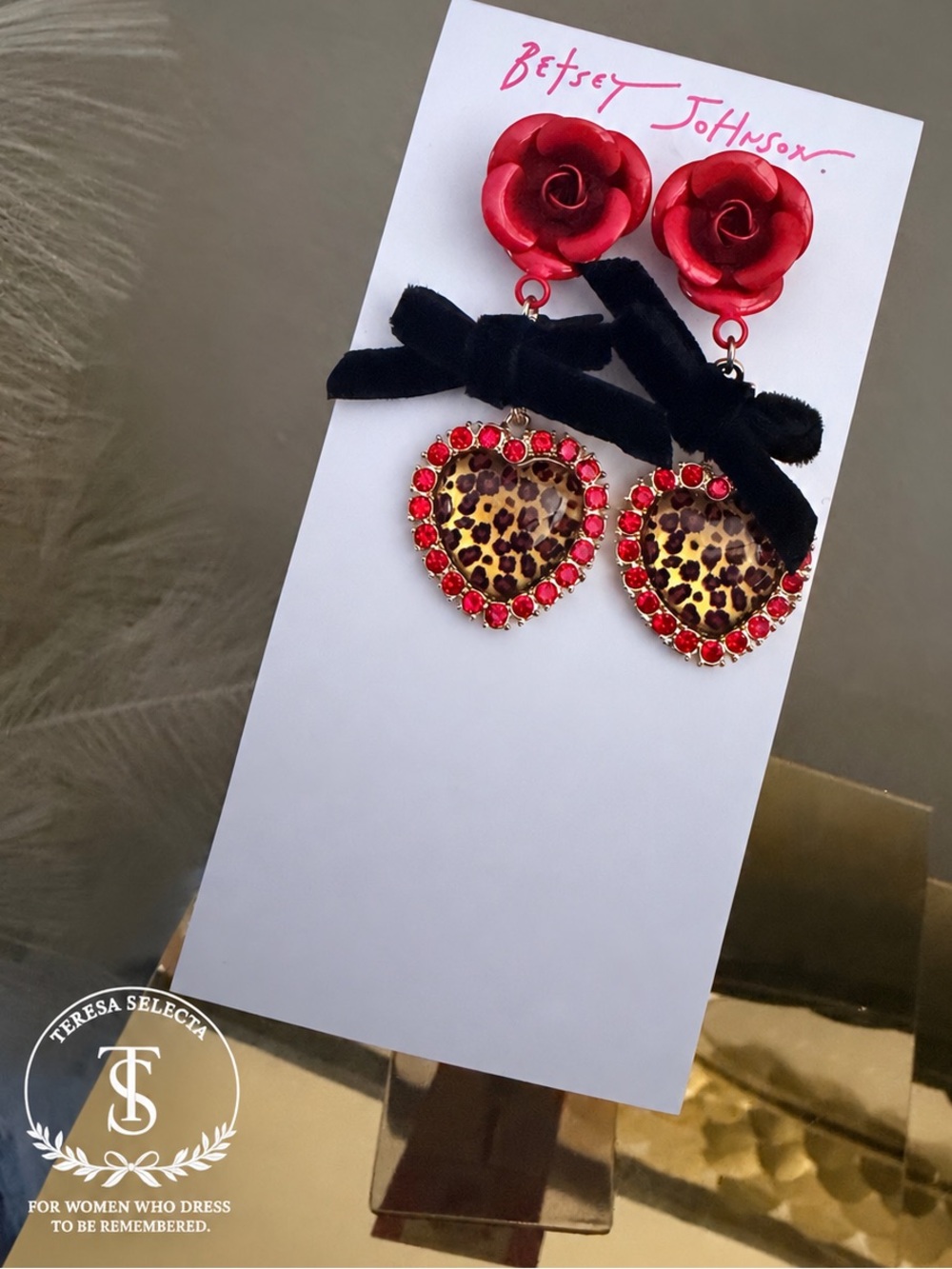 NWT Betsey Johnson Rose Bow Leopard Heart Drop Earrings Red Black NWT $58